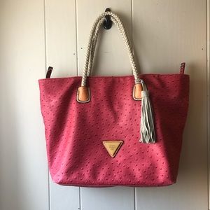 *GUESS Women’s Textured Pink Medium Tassle Tote Bag